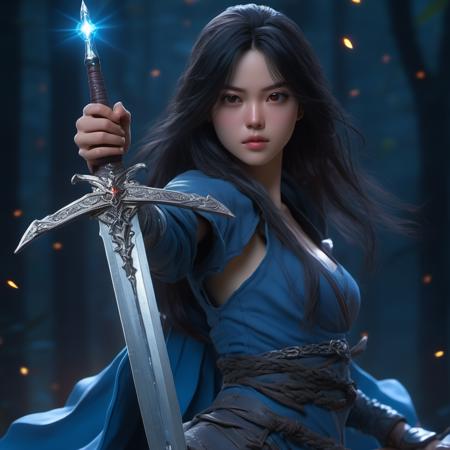 in the style of niji3d, (masterpiece,best quality:1.5), , asian woman holding a sword, in the style of dark azure and light azure, mixes realistic and fantastical elements, vibrant manga, uhd image, glassy translucence, vibrant illustrations, ultra realistic, long hair, straight hair, portrait, mysterious forest, firefly, bokeh, mysterious, night, sky, cloud