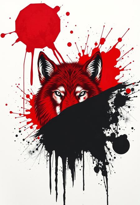 On a white background, a Wolf's head breaks through the background, the top half of the Wolf's head is red, the bottom half of the Wolf's head is black,
The top half of the background is a large splatter of blood, the bottom half of the background is a large splatter of ink