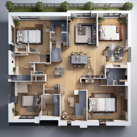 Aerial view of the house, Urban-style, a three bedroom apartment with a kitchen and living room in it's center floor plan, RAW image, with a dining room and bedroom area, Super Reality, Surprised Silent Wind, Bright environment, contemporary design, Simple and atmospheric, The floor plan includes a living room, bedroom, kitchen, bathroom, study, modern urban style home,  <lora:Urban-style home XL1.0v1.1-000004:1>