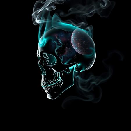 Cybernetic Skull, black background, slhouette black and white outline, skull made of smoke, neon teal_flames, pov sideview, smoke rises from back of skull, whole Galaxy in skull