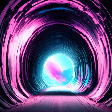 (BlackHoleGate style:1) a dark tunnel with a pink and blue sky in the background <lora:BlackHoleGate:1>