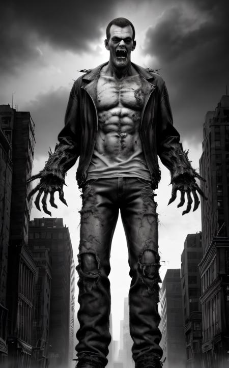 Monochrome (top-quality, 8K, masterpiece:1.3) A photo of a towering, goofy-looking zombie towering over a city street, with mismatched limbs and a comically surprised expression, wearing torn clothes, amidst fleeing pedestrians taken with a wide-angle lens highly detailed, detailed skin, neon city lights
<lora:epi_noiseoffset2:1> . Black and white, contrast, tone, texture, detailed