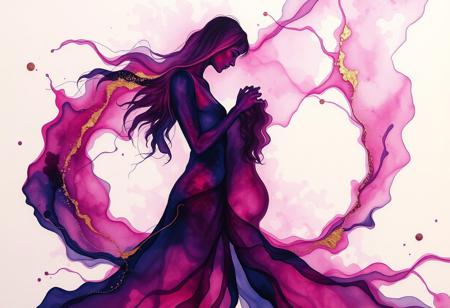 An alcohol ink painting of intertwined silhouettes, where a woman and man are fused together through flowing indigo and crimson pigments, their forms blending ethereally at contact points. Abstract liquid shapes suggest intimate skin contact, with medium framing showcasing the delicate dance of their bodies within a dreamscape of swirling plum and gold washes. The mood is one of tender intimacy and synergy, with alcohol bloom effects and granulation creating a tactile texture. The color scheme revolves around deep violets, accentuated by lustrous copper metallics, evoking a sense of harmony and unity in the style of fluid abstraction meets Renaissance tenderness.