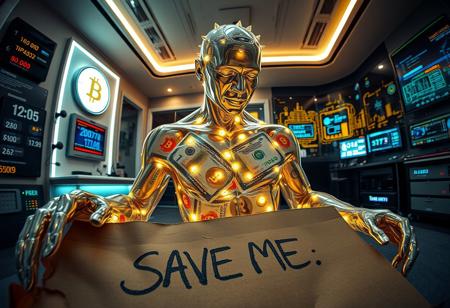 “Plastic Man morphing into a combination of dollars and bitcoins, blending human and financial features with intricate high-technology details. His body exhibits glossy, translucent plastic textures merging seamlessly with the crisp bills of currency and glowing bitcoin symbols, with digital codes flowing through the notes. Random, glowing, fancy spots illuminate the scene, resembling futuristic bio-luminescence. A rotten piece of cardboard lies in the foreground, damp and crumpled, with bold, messy handwriting that reads: ‘SAVE ME.’ The background shifts to a high-tech room in a domotical house, filled with smart home devices, sleek control panels, glowing LED lights, and walls covered in digital screens showing data and automated systems in action. The illumination source comes from an ambient, soft glow emitted by the walls, casting dynamic reflections and shadows throughout the room. Rendered with cinematic prime lens effects, using a fisheye 12mm perspective for dramatic distortion and dynamic depth, showcasing surrealism with stunning visual clarity.”