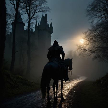 (masterpiece, detailed, atmospheric:1.3), medieval nobleman in rich attire, riding on a majestic black steed, winding road through a dense forest, tall trees looming overhead, moonlight filtering through the trees casting eerie shadows, mist swirling around, silhouette of a gloomy and powerful castle visible in the distance, towering turrets, ominous atmosphere, dark and mysterious, dramatic lighting, hooded lantern casting a warm glow, intricate details on armor and clothing, intense emotion, medieval setting, historical accuracy, dynamic angle, side view of the nobleman, midnight adventure.