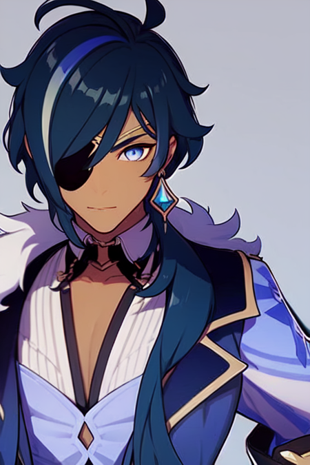 kaeya (genshin impact) 1boy male focus eyepatch, navy hair, long hair, blue eyes, star pupils, earring dark tan skin, black gloves, fingerless gloves