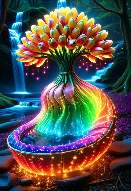 vibrant colors, shiny_skin, prefect lighting, detailed image, snoozing, masterpiece, best quality, highly detailed, ultra quality, 
made of l1qu1dp34rl, pearlescent, multicolored, jaynl-tm, hkmagic, sparkling glitter and crystals, glowing sapphire light waves, in a fantasy art style, 
flower pots made of l1qu1dp34rl, flower pots made of tulips,
outdoors, neon lights, glowing, glowing RGB lights, forest, tree, waterfall made of l1qu1dp34rl, river made of l1qu1dp34rl, sciencefiction, neon lights, night, moon,