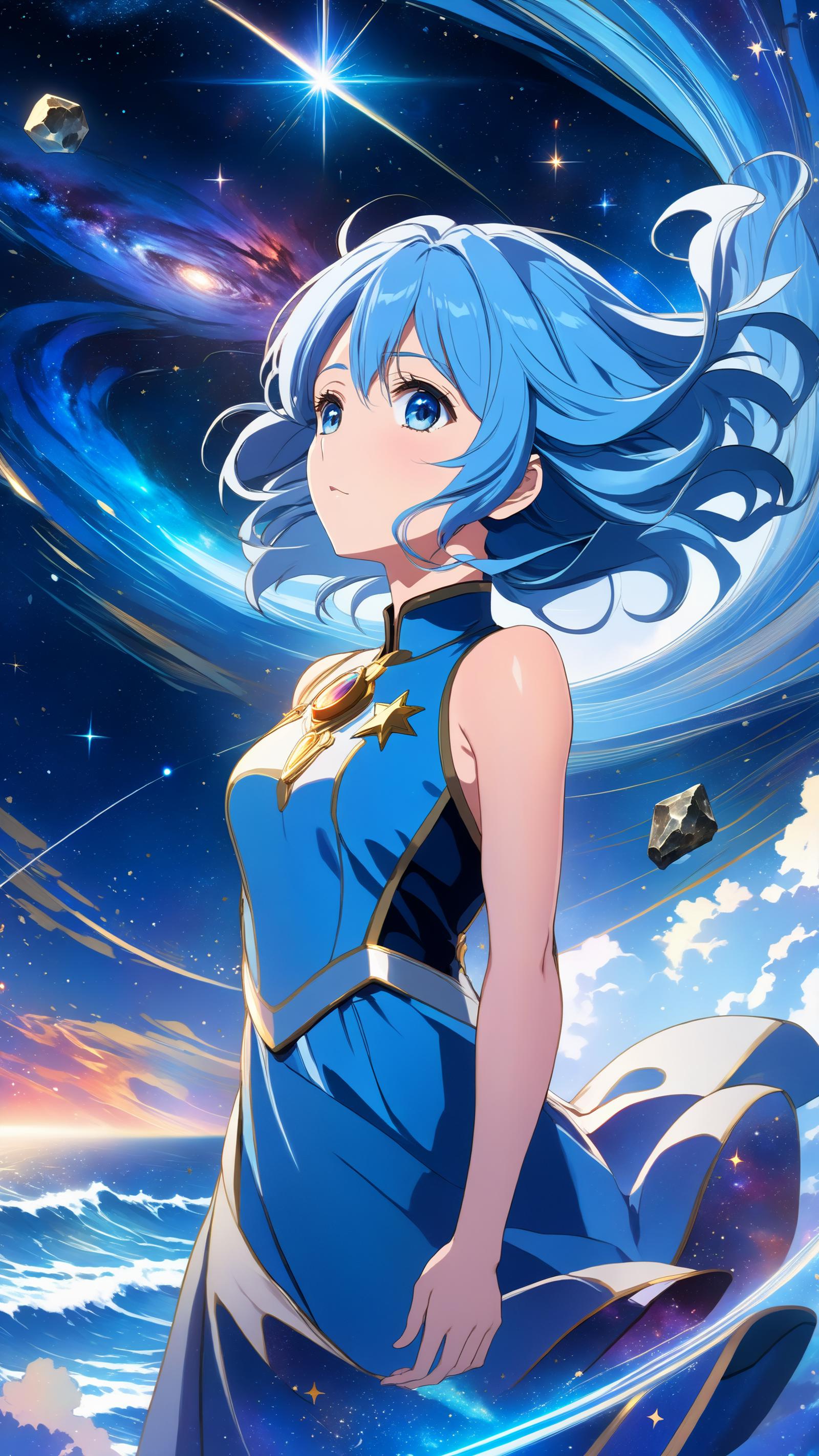 A blue-haired anime girl with a star on her neck stands against a blue and white background.
