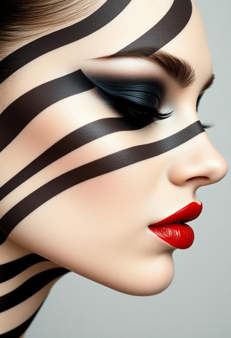 A striking close-up profile of a woman’s face adorned with bold, black stripes that wrap around the contours of her face, creating a hypnotic, zebra-like pattern against her smooth, pale skin. Her eyelids are covered in deep, matte black makeup that accentuates her long eyelashes, while her lips stand out in a glossy, vibrant red, offering a sharp contrast to the monochrome stripes. The image is minimalist yet visually intense, with the pattern seamlessly flowing across her features, evoking a sense of modern art and surreal beauty.
RAW photo, masterpiece, photorealistic, 8k, best quality, stunning eyes, skin detail, skin pores, blemishes