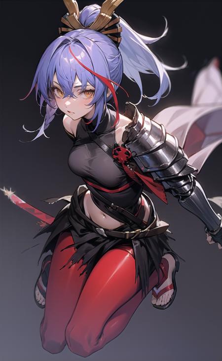 origin, 1girl, solo, black background, long hair, breasts, looking at viewer, sandals,  red pantyhose, pantyhose, simple background, armor,gloves, sheath, shoulder armor, black gloves<lora:akafuyu-pynoise-000009:1>