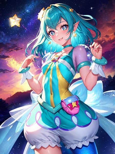 cure milky symbol shaped pupils, see-through short sleeves, hair ornament, single leg pantyhose, star, pointy ears, earrings, wrist cuffs, porch