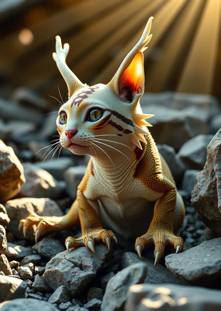 Fantastic creature, cute realistic chimera half-cat half-lizard, The cat's body and head are covered with lizard scales. Realistic professional photo of creature in the rocks. Dreamy enchanting atmosphere of ancient myths and fairy tales. Creature basks in the rays of the sun, pricking up its mustache. Sunbeams play on the skin, glistening on the scales. Wildlife photos