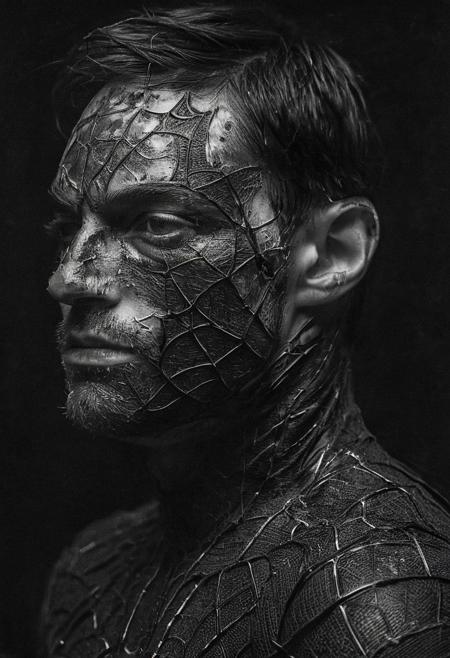 high-contrast monochrome palette, Tobey Maguire in Spider-man suit, (skin pores:0.5), (skin oils:0.3), black background, black-and-white, shadow over eyes, cool looking, portrait, side view, ripped suit, blood dark eyes, ng_deepnegative_v1_75t, injury, wounds, blood, broken, suffering, torn Spider-man's mask