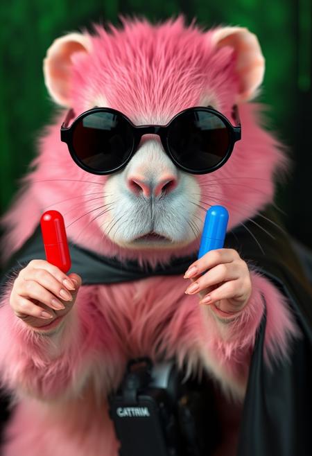 Pink capybara with black round mirrored glasses, like in the Matrix. She is wearing a black latex cape. In one paw she holds a red pill, in the other a blue one. She holds them out directly to the observer in the camera.