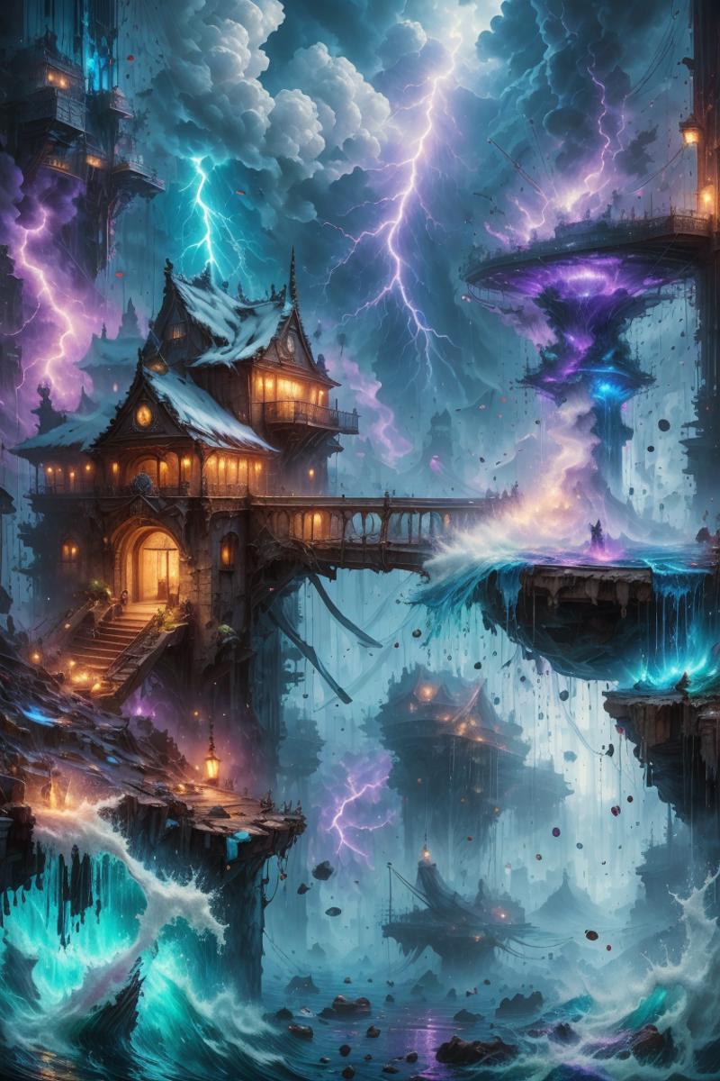 A Fantasy Artwork of a Castle Interior with Purple and Blue Lighting