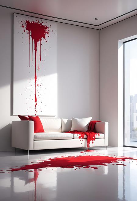 minimalist interior with a white wall, large abstract red ink splatter as the focal point (red ink splatter:1.3), dynamic texture and varying densities (texture:1.2), soft lighting illuminating the white sofa below (soft lighting:1.0), modern, minimalist design (modern:1.0), contrast between clean white walls and chaotic splatter (contrast:1.2), subtle shadowing on the floor (shadow:0.8), neutral tones in the room with bold red as the only color accent (neutral:0.9), simple yet impactful composition BREAK soft reflections from the floor, adding a sense of depth (reflections:0.8), splatter feels fluid and organic, as if caught in motion (movement:1.1)