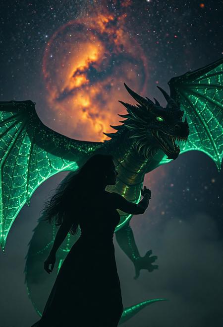 Bosstyle, Silhouette of a Woman fighting a colossal luminous dragon: This vintage photograph captures a moment of epic struggle. Dominating the scene is a translucent dark-green dragon adorned with luminescent scales, blending seamlessly with its surroundings. Its wings, composed of intricately woven energy threads, shimmer in a spectrum of colors. Amidst the night, its presence exudes a sense of mythical power. Behind it, the swirling hues of a distant galaxy provide a mesmerizing backdrop, weaving tales of cosmic battles and celestial legends. Atmospheric haze, Film grain, cinematic film still, shallow depth of field, highly detailed, high budget, cinemascope, moody, epic, OverallDetail, 2000s vintage RAW photo, photorealistic, candid camera, color graded cinematic, eye catchlights, atmospheric lighting, imperfections, natural, shallow dof   , aidmaHiDreamStyle