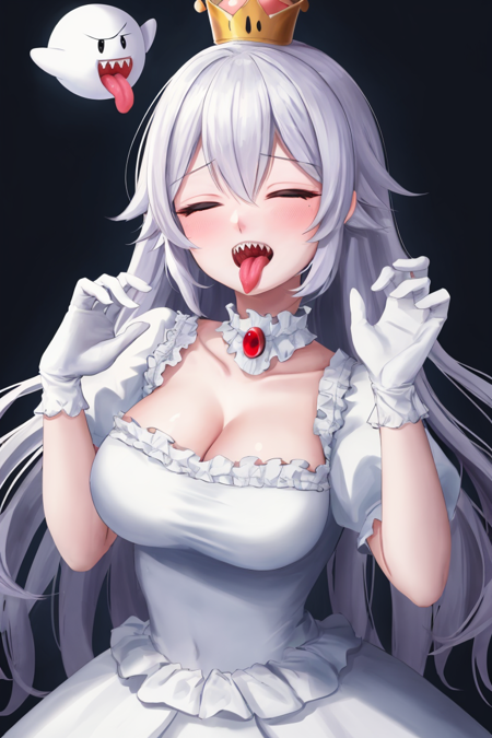 (masterpiece, best quality:1.2), boosette, looking at viewer, blush, open mouth, large breasts, cleavage, jewelry, short sleeves, frills, teeth, tongue, puffy sleeves, white gloves, tongue out, white dress, puffy short sleeves, half-closed eyes, frilled dress, crown, sharp teeth, brooch, long tongue, ghost pose