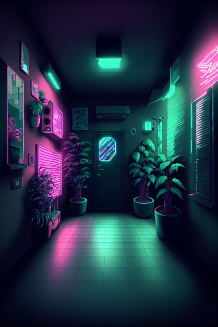 Wave Art Style,  1girl,  checkered floor,  indoors,  neon lights,  no humans,  plant,  potted plant,  scenery,  speaker,  tile floor,  tiles, <lora:EMS-49798-EMS:0.800000>