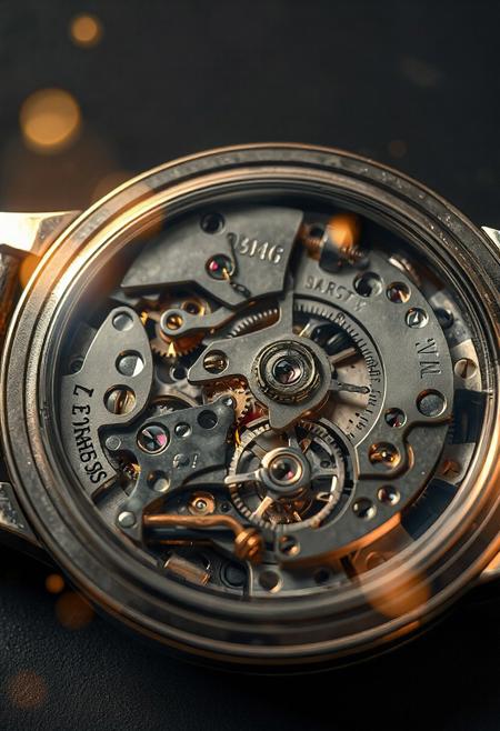 A highly detailed and photorealistic scene capturing the intricate internal workings of a mechanical watch, its delicate components exposed in stunning clarity. The watch’s interior reveals a complex network of tiny, polished gears, their surfaces etched with fine engravings, meshing seamlessly as they turn with precision. Golden springs and screws glint under soft light, while the balance wheel oscillates rhythmically, its ruby bearings glowing faintly with a deep red hue. The mainspring, tightly coiled, shines with a metallic sheen, and the escapement ticks with meticulous accuracy, each movement casting micro-shadows on the surrounding parts. The background is a sleek, matte black surface, emphasizing the watch’s metallic brilliance and intricate details. A subtle surreal element adds a mesmerizing touch—faint, glowing particles of golden light, like miniature stars, hover around the gears, their soft luminescence reflecting off the polished surfaces, creating an ethereal contrast with the mechanical precision. The scene feels both technical and magical, rendered with ultra-photorealistic precision, lifelike textures, and high contrast, optimized for FLUX.1 with sharp edges and cinematic depth, crafting a breathtakingly realistic view of a mechanical watch’s inner beauty.