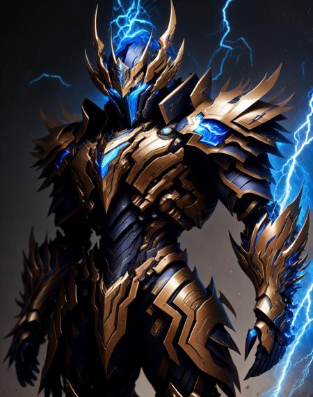 4K, Masterpiece, highres, absurdres,
edgThunderstruck, a male character with a blue and gold armor ,wearing edgThunderstruck_armor, electrified, weilding thunder
 <lora:edgThunderstruck:0.75>