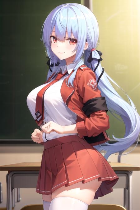 very long hair,blue hair,hair bobbles,hair ribbon,black ribbon,hair ornament,eyes visible through hair,sidelocks,blunt bangs,red eyes cropped jacket,red jacket,open jacket,white shirt,collared shirt,red necktie,short sleeves,large breasts,miniskirt,pleated skirt,red skirt,white thighhighs,loafers
