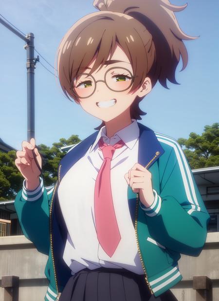 masterpiece, best quality, ultra-detailed, illustration,  <lora:yuzuriha_maimai-10:0.9>, yuzuriha_maimai, thick eyebrows, brown hair, green eyes, medium hair, glasses, round eyewear, track jacket, green jacket, open jacket, white shirt, collared shirt, shirt tucked in, pink necktie, pleated skirt, black skirt, outdoors, japanese, teen, upper body, naughty face, anime screencap, high ponytail, grin, half closed eyes