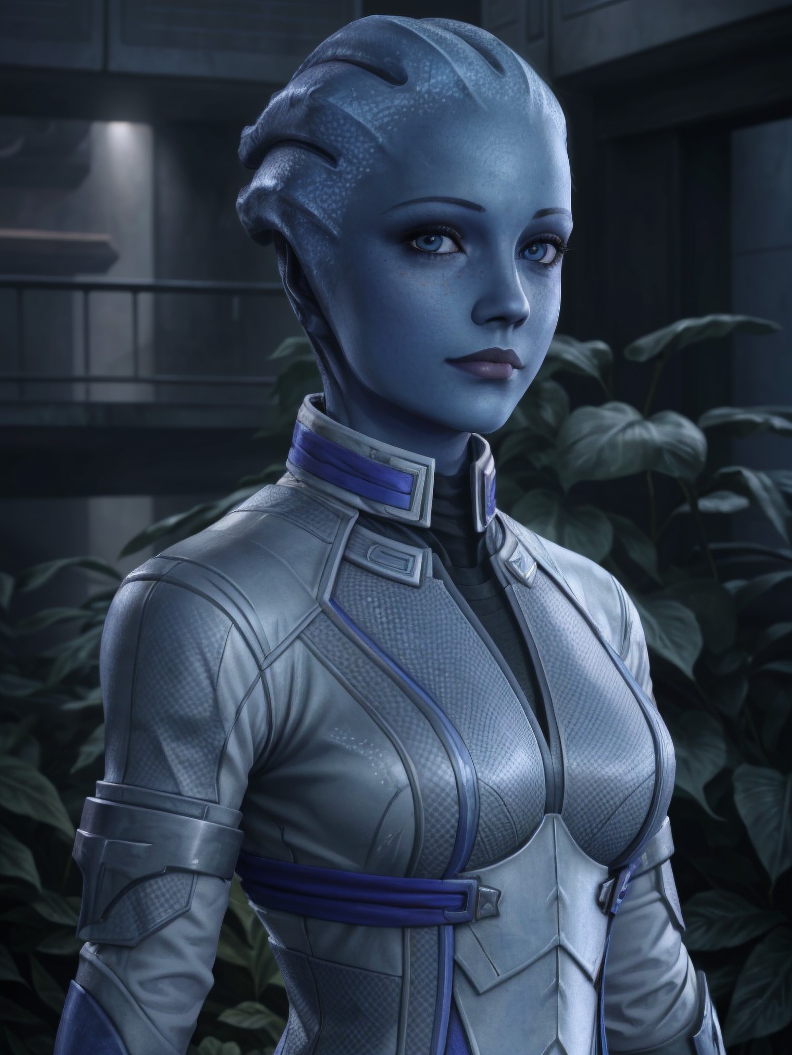 close up of masseffectliara standing in a atrium with plants in the background, cute face, realistic armor materials, shin...