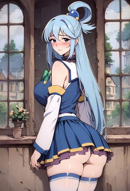 score_9, score_8_up, score_7_up, score_6_up, score_5_up, score_4_up, official art, 1990s \(style\), vintage, <lora:OldAnimeStyle_XL_v3:.8>, <lora:Anime Style 2 SDXL_LoRA_Pony Diffusion V6 XL:.7>, source_anime, 1girl, blush, axious, Aqua, Konosuba, long hair, blue hair, hair rings, hair ornament, choker, bare shoulders, green bow, blue shirt, detached sleeves, blue skirt, thighhighs, big breast, huge butt, blue light thong, 2 dogs, sniffing butt, inside town , universe konosuba, raining, back view, Leaning out the window