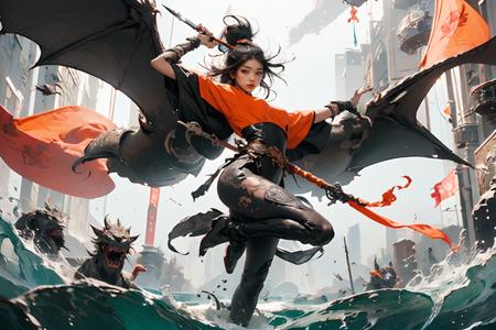 Best quality,masterpiece,ultra high res,1girl,beautiful_face,detailed skin,,gu,dragon,full body,,weapon,black hair,holding weapon,blood,arm guards,male focus,looking at viewer,black eyes,tabi,floating hairfull body,orange,,hands up,  <lora:wuxia2:0.8>