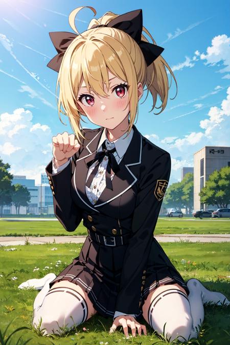 outdoor, grass, blue sky,
BREAK blonde hair, short hair, bangs, hair between eyes, ponytail, high ponytail, ahoge, red eyes, hair ribbon, medium breasts, BREAK yurigaoka girls academy school uniform, white shirt, cropped jacket, black jacket, long sleeves, juliet sleeves, black sleeves, black skirt, high-waist skirt, frilled skirt, buttons, neck ribbon, black ribbon, thighhighs, white thighhighs,  
wariza, paw pose, hand between legs, looking at viewer, head tilt, 
blush, embarrassed, furrowed brow, 
BREAK (masterpiece:1.2), (beautiful detailed eyes:1.2), perfect lighting, (perfect hands, perfect anatomy)