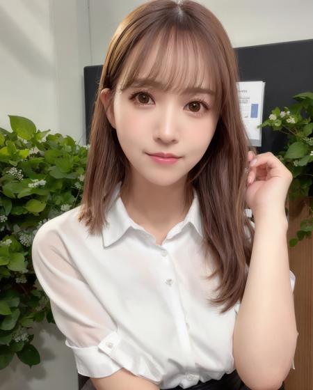 best quality, photorealistic, 8k, high res, 1girl, woman, (skindentation), (professional lighting), (portrait:0.6), (buttoned office shirt:1.64), (white choker:1), gorgeous, ((brown hair)), (short ponytail hair:1.6), (flowing hair:1.6), (1girl eyes looking at viewer:1), ((looking at viewer:1.6)), (1girl looking at the camera), photorealistic, (bokeh), (portait:0.6), (dynamic pose:1.2), masterpiece, intricate, realistic, sharp focus, award-winning photograph, sfw, (smile:1),- <lora:yua V2:0.71>