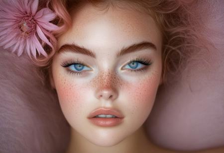 The image is a high-resolution photograph featuring a young woman with striking, ethereal features. She has light skin with a scattering of freckles across her face, particularly prominent across her cheeks and nose. Her piercing, large blue eyes are wide open, giving her a dreamy expression. Her hair is a vibrant, pastel lavender, styled in loose, tousled waves, with bangs that frame her face. She has a delicate, natural makeup look with a focus on her lips, which are painted a soft, natural pink.rockabilly style, 1girl, solo, realistic, looking at viewer, flower, freckles, lips, blurry, parted lips, close-up, 1950's