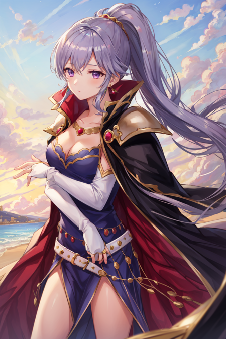 <lora:Ishtar_FE-10:0.8>, masterpiece, best quality, ishtar fe, 1girl, solo, long hair, gloves, dress, cleavage, jewelry, medium breasts, ponytail, earrings, cape, armor