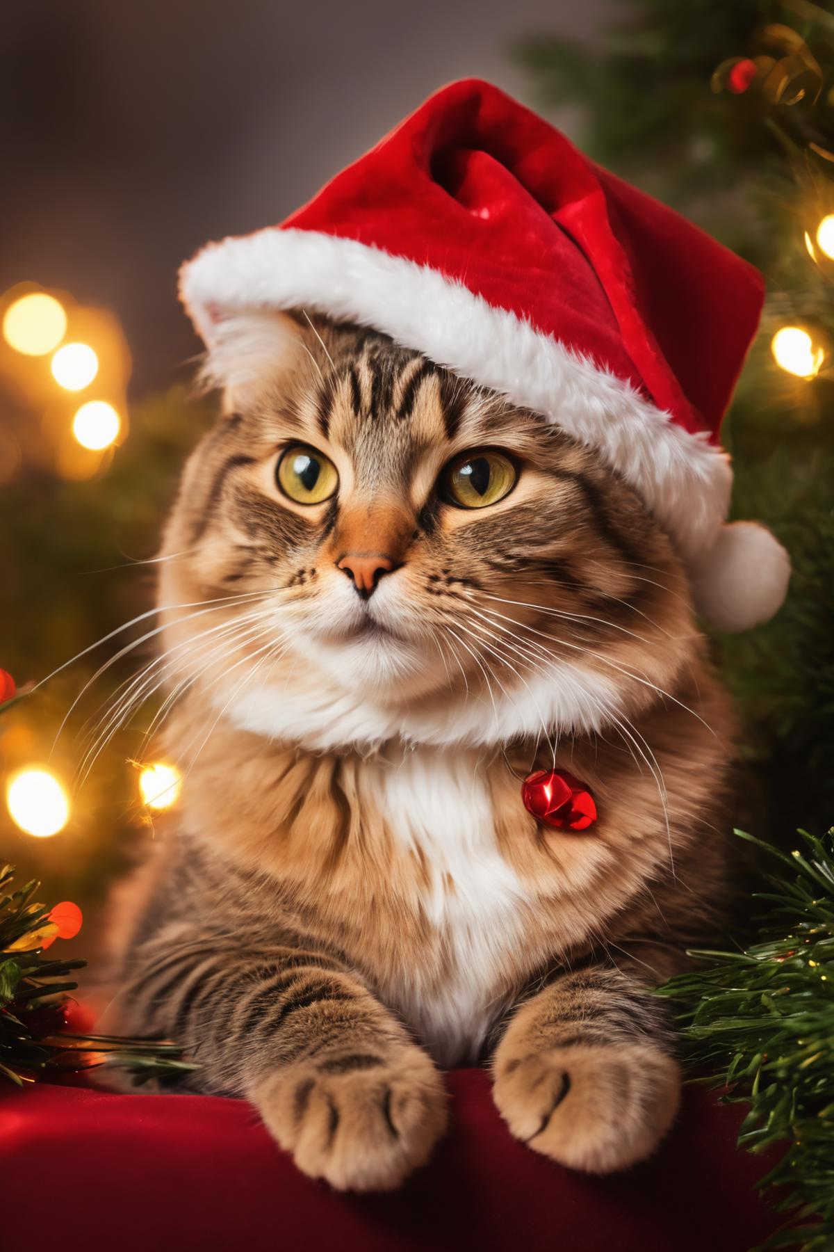 Cute Cat Wearing Santa Hat and Bowtie in Front of Christmas Tree