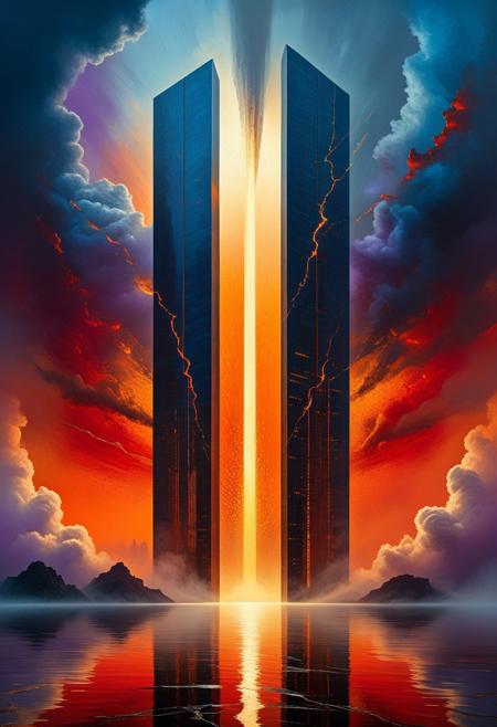 Abstract illustration, surreal fractured landscape, twilight sky with deep indigo to fiery orange gradient, towering geometric shapes resembling shattered glass and steel beams, inner light glowing within structures, dark polished surface reflecting light, ethereal swirling fog in muted purples and blues, vibrant golds and reds in the distance, bursts of light and shadow creating dynamic contrast, white beam of light piercing the sky symbolizing memory and hope, abstract expressionism and digital futurism hybrid, bold colors with intense reds, blacks, golds, and silver, light casting long stretched shadows, broad sweeping brushstroke textures enhanced with digital precision, mist swirling at the base of the scene, radiant sky evoking reflection and honor, powerful and dramatic atmosphere, emotional tribute to 9/11 without banality or figures.