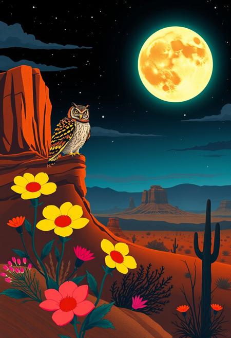 A desert night scene with oversized flowers blooming under a neon moon, watched by jewel-toned owls perched on a sandstone ridge., stylized Western landscapes, bold composition, simplified forms, vibrant color palette, mythic animals, decorative patterns, desert scenery, dramatic skies, spiritual symbolism, tribal motifs, flattened perspective, expressive outlines, celestial themes, radiant sun and moon, strong silhouettes, emotional stillness, visual storytelling, whimsical detail, cultural fusion, surreal Americana