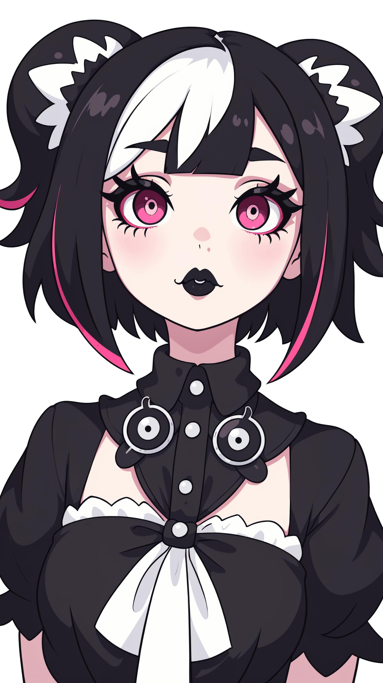 A character with pink eyes and a black lipstick, wearing a necklace and a black and white shirt.