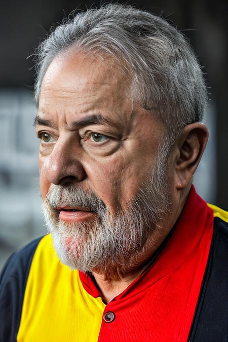 cinematic portrait of lula as a boxe fighter, boxe poster, red trunks, red gloves, sweaty, boxe ring on background, detailed face, detailed eyes, upper body (Hasselblad camera, highres skin texture)1.2, masterpiece, 8K, UHD, HD texture, film grain, hyperdetailed