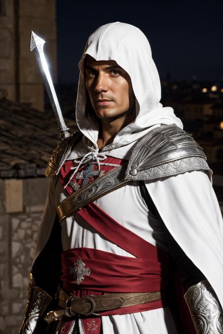 cinematic closeup Ezio Auditore da Firenze poised on a Florentine rooftop at dusk, (white clothes),scanning the streets below, his hidden blade ready for the Brotherhood's next mission, extreme details, volumetric lighting, cinematic scene, full focus,((realistic)),depth of field,raw photo,8k,uhd, <lyco:locon_henry_v1_from_v1_64_32:1.0>