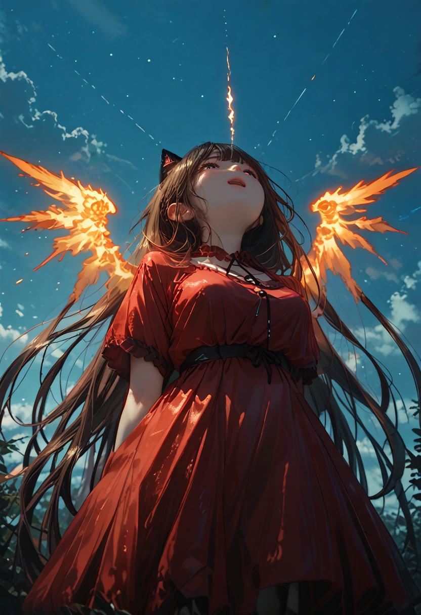 score_9, score_8_up, score_7_up, NLSTN, glowing, a cat girl, cute face, big breast, very long hair, glowing wings, low angle, looking up at sky, red dress, hands clasped behind back, open mouth, meteor on sky, <lora:sdxl_lightning_8step_lora:1> <lora:p-skin:1> <lora:NLSTN:1,1,0,0,1,0,1,1,1,0,0,0>