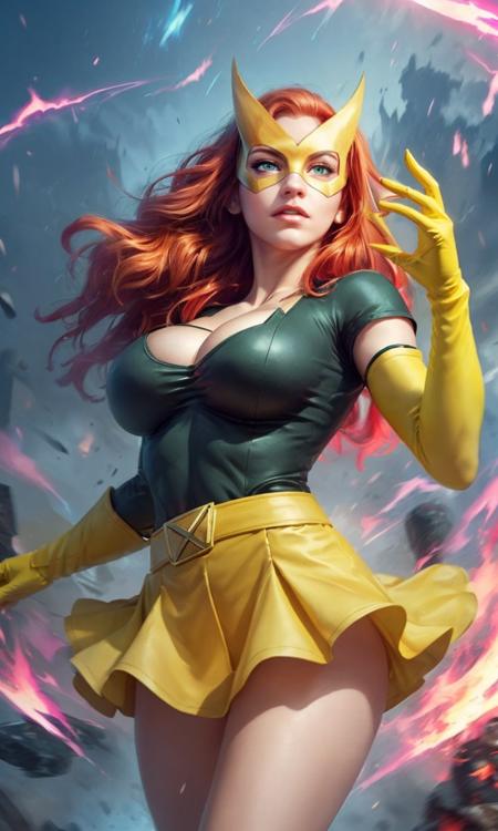 marvgirl2023, 1 girl, ginger hair, uhd, best quality, masterpiece, 5 fingers, closeup, full body, long hair, green short skirt, green eyes, yellow eye mask, yellow gloves, psychic, fiery battlefield, dramatic lighting, superpowers, telekinesis, big breasts, cleavage, photorealistic