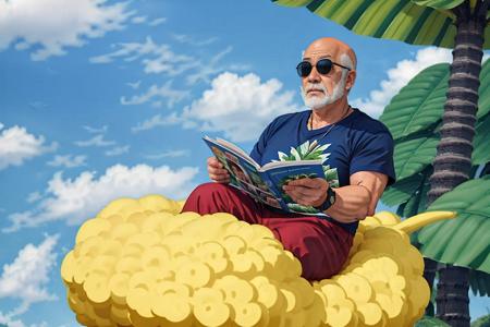 <lora:FlyingNimbus_V1a:0.73>, a man is riding flying nimbus and reading mature magazine, best quality, sunglasses, masterpiece, (bald, hawaii shirt, short pant, old man, white beard):1.5, extra detailed face, ((nose bleeding))