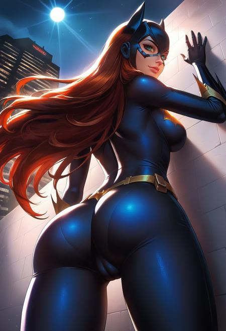 From below, (from back:1.3), (Style-GHL), batgirl, young woman, sexy, orange long hair, green eyes, tight black body suit, see through clothing, (tanned skin:1.2), ((Leaning against a wall)), camel toe, with a casual and carefree expression,)), city roof top at night, outdoors, masterpiece, best quality, ultra-detailed, dramatic shadows, beautiful detailed face, colorful, god rays, dramatic light, intricate details, cinematic lighting, breathtaking, 8k, <lora:Sexy-Australian:1> <lora:Goon_Vision:0.3>
