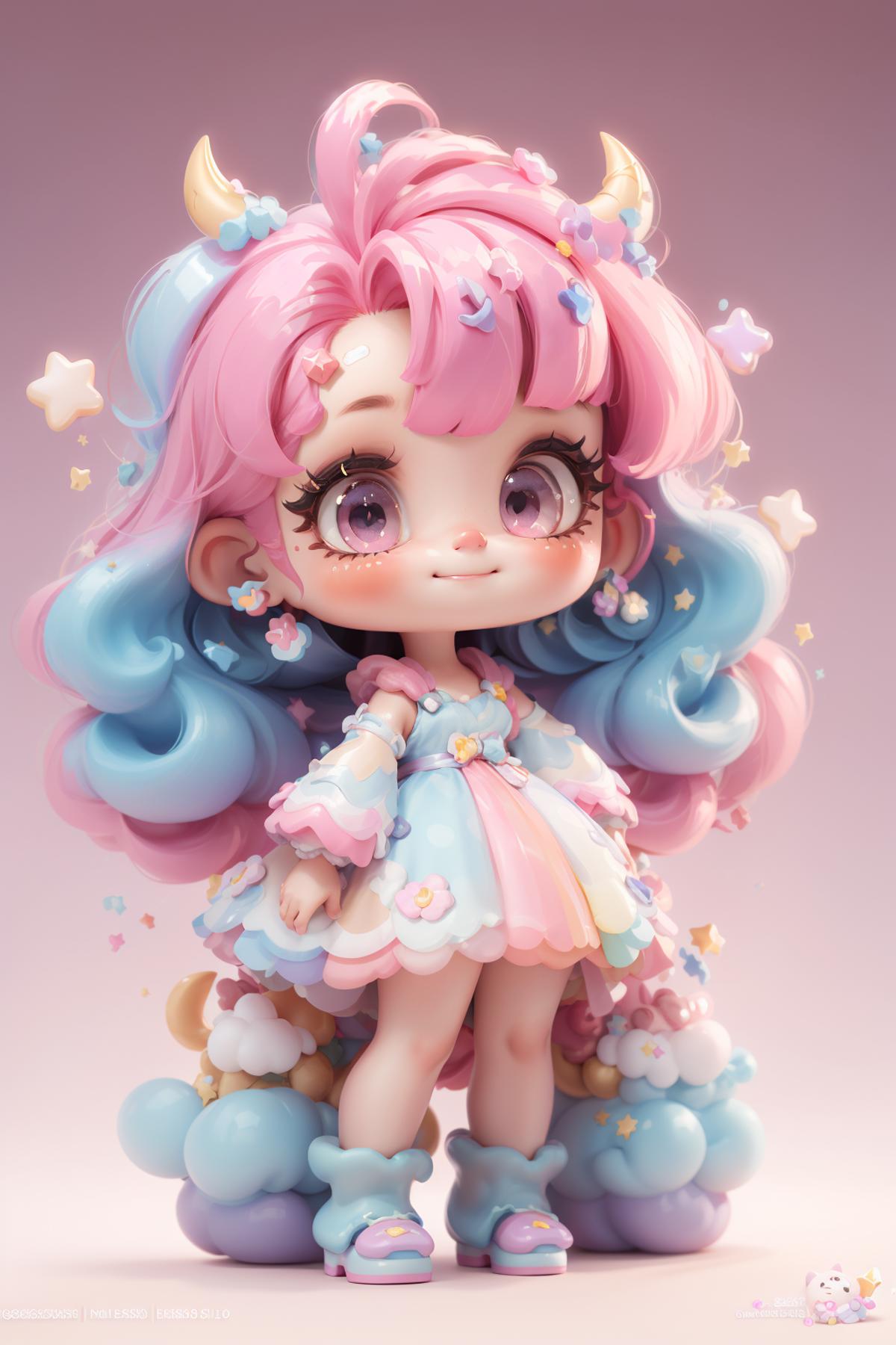 A pink and blue doll with stars in her hair, a blue ribbon, and a dress.