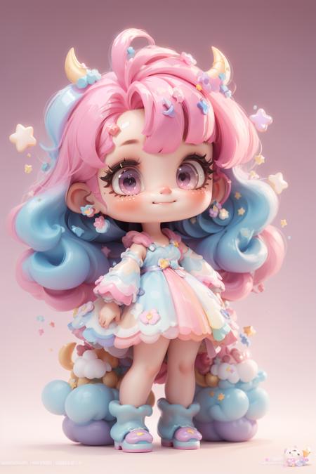 masterpiece, best quality, 8k, cinematic light, ultra high res, chibi, 1girl, child, pink hair, multicolored hair, long hair, solo, dress, star hair ornament, horns, blue hair, star \, (symbol\), bangs, gradient hair, artist name, gradient, smile, closed mouth, full body, pink background, gradient background, <lora:chibi-v1:1>