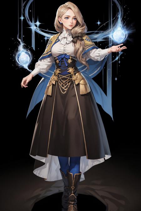 masterpiece, best quality, defMercedes, capelet, hair bow, white shirt, black skirt, blue leggings, brown boots, standing, whole body, black background, large breasts, simple background, FEH, casting magic, holy magic, white theme <lora:mercedes-nvwls-v2-000012:0.8> <lora:FEH_Concept_v2:1>