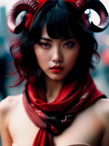 photograph,  Neo-Tokyo nude_young_female_demon, red skin tone, dark eyesLight hair styled as Wavy, Horns, Scarf, Lonely, hell, fire,  Decopunk, film grain, Phase One XF IQ4 150MP, 35mm, art by Bojan Jevtic