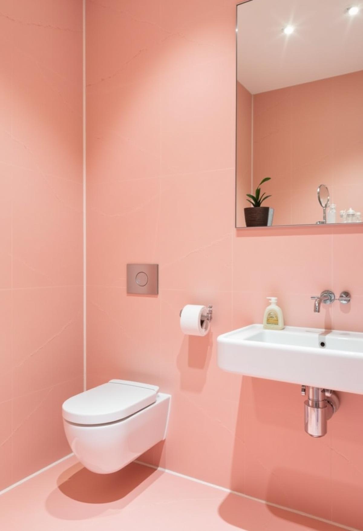 photo, pink glossy tiles, A modern minimalist style bathroom with a toilet, basin, white ceramic seat, warm tones,


