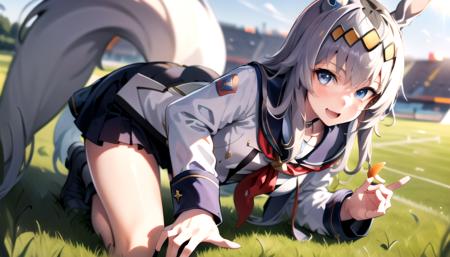 masterpiece, 8k wallpaper, best quality, 1girl, OguriCap, <lora:OguriCap>, looking at the viewer, smile, grass, open mouth, hand_holding_carrot,